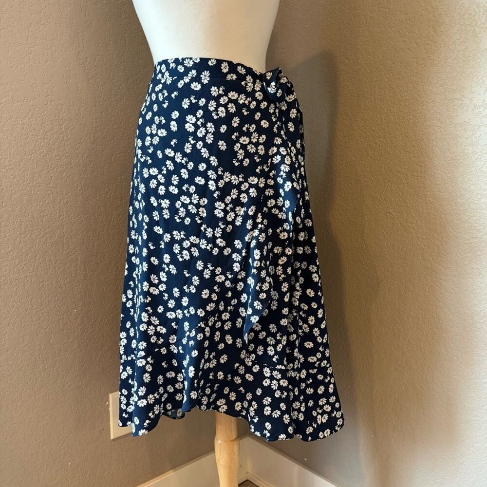 Apricot Navy White Floral Faux Wrap A-Line Midi Skirt Size 10